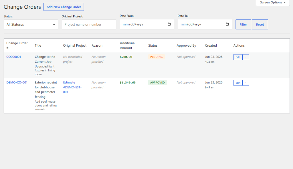 Real change order management screen with contractor project records