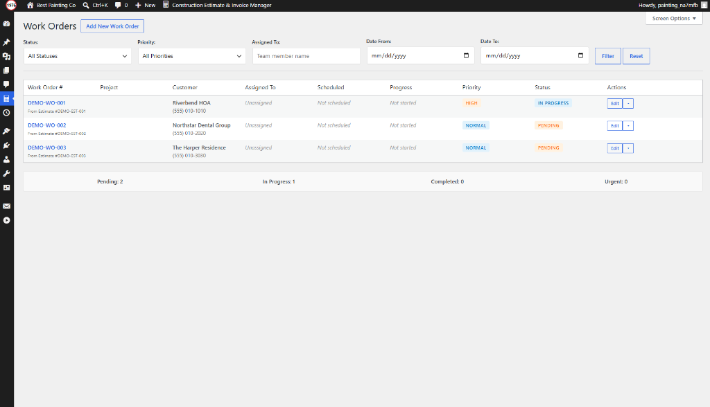 Real work order management screen for contractor jobs