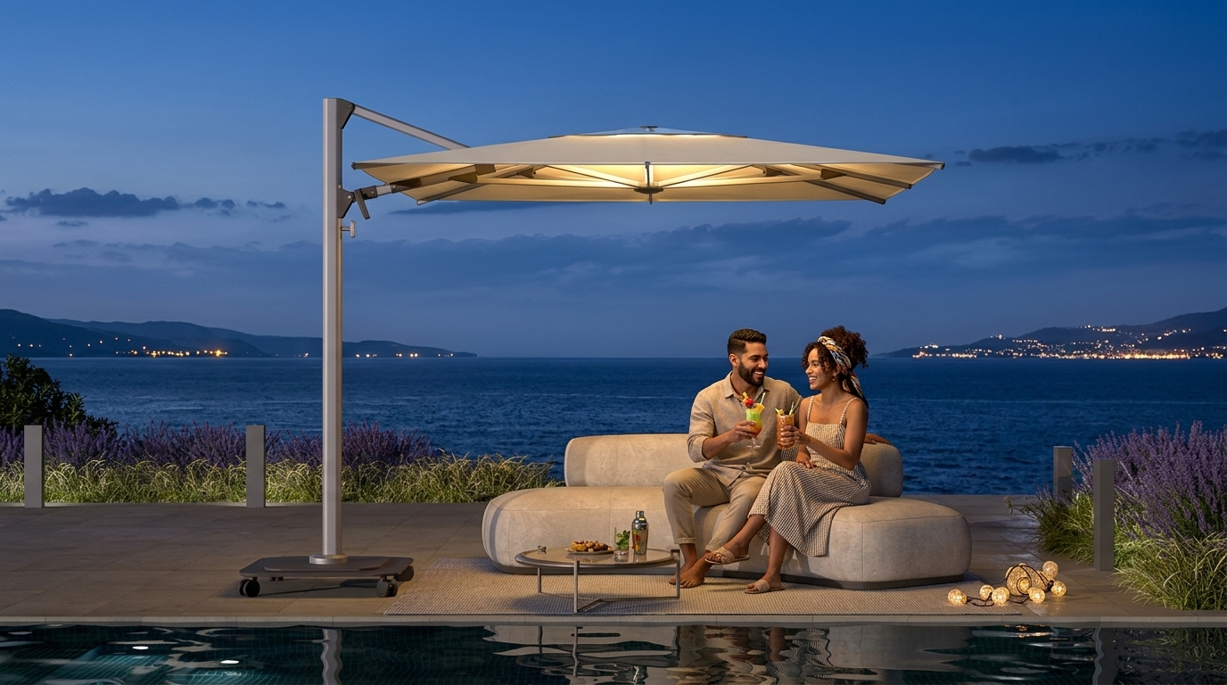 Sombrilla Shademaker Polaris de brazo lateral en terraza residencial frente al mar.