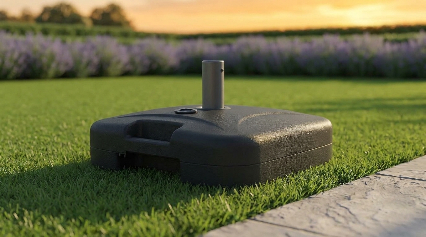 Base Market de resina negra para sombrilla de poste central instalada sobre pasto junto a un borde de piedra, con lavanda y luz de atardecer al fondo