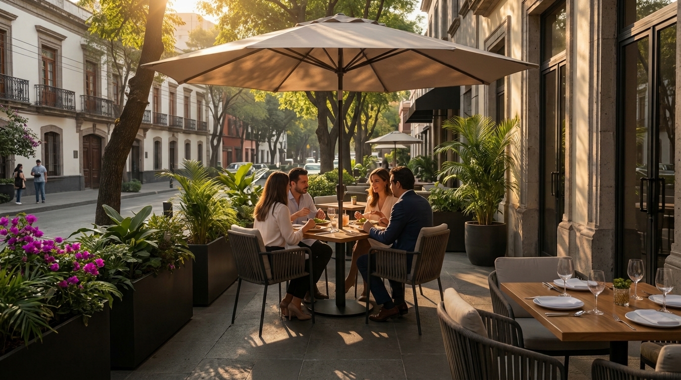 Sombrilla de poste central color arena sobre una mesa de cuatro personas en una terraza urbana al atardecer