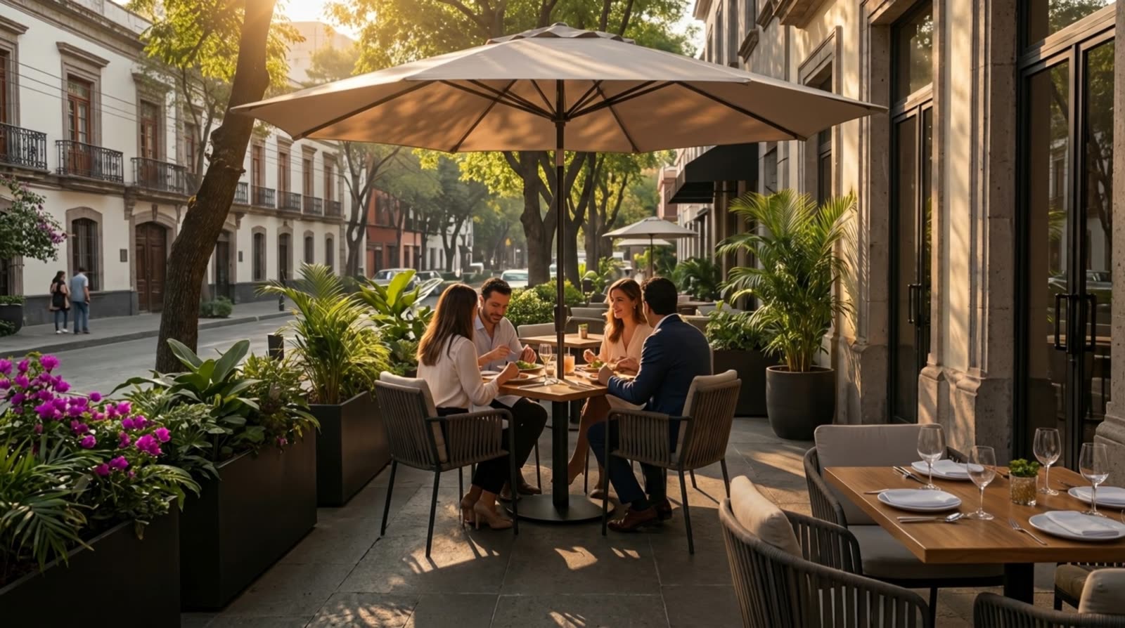 Sombrilla Modena de poste central en una terraza de restaurante con mesas y sillas de madera.