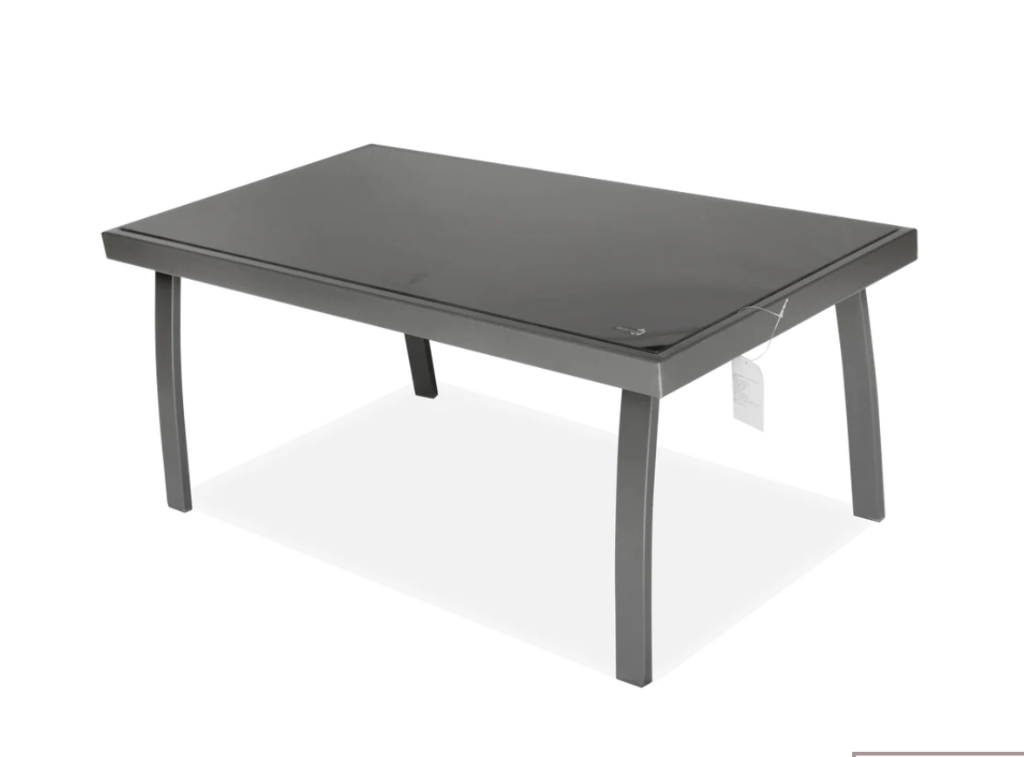 Mesa de centro de la Sala Palermo con estructura de metal oscuro y superficie de vidrio negro sobre fondo blanco de estudio