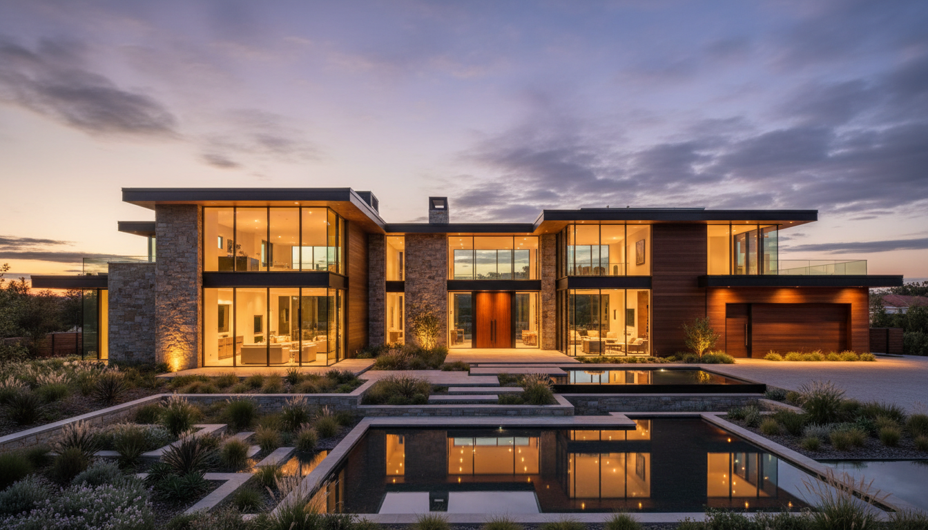 Stunning modern custom home at golden hour