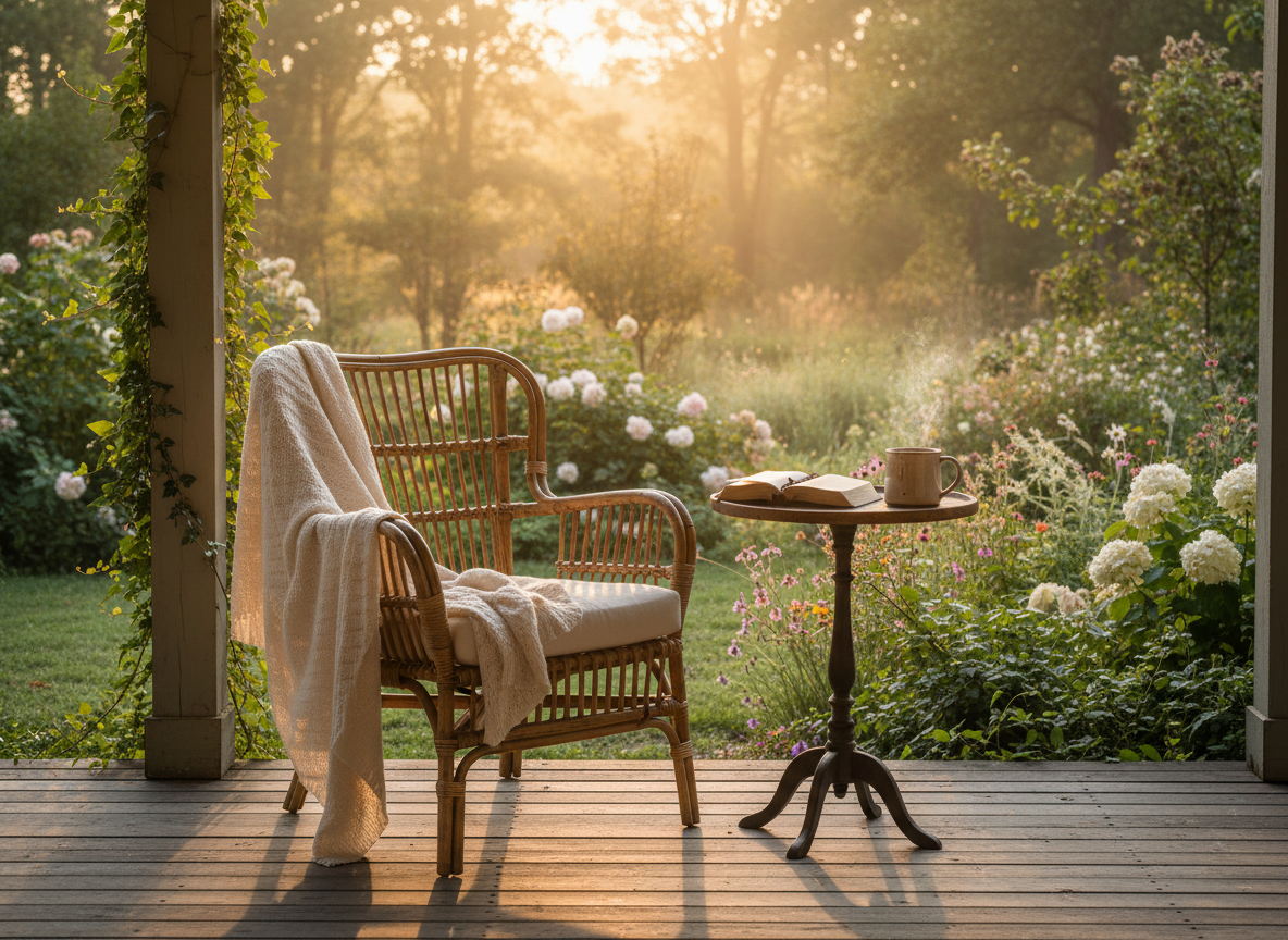A peaceful porch with a chair, Bible, and morning light