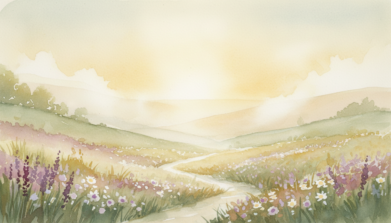 A serene golden pathway through wildflowers at sunset