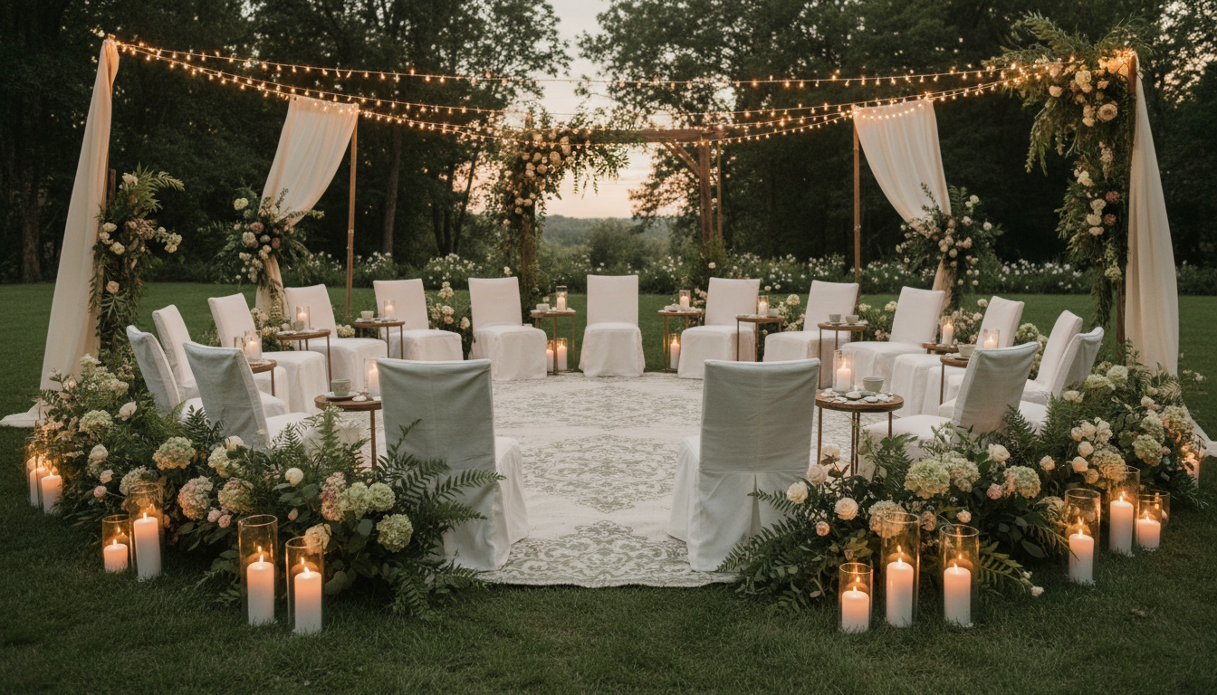 An elegant outdoor women's retreat setting with string lights at dusk