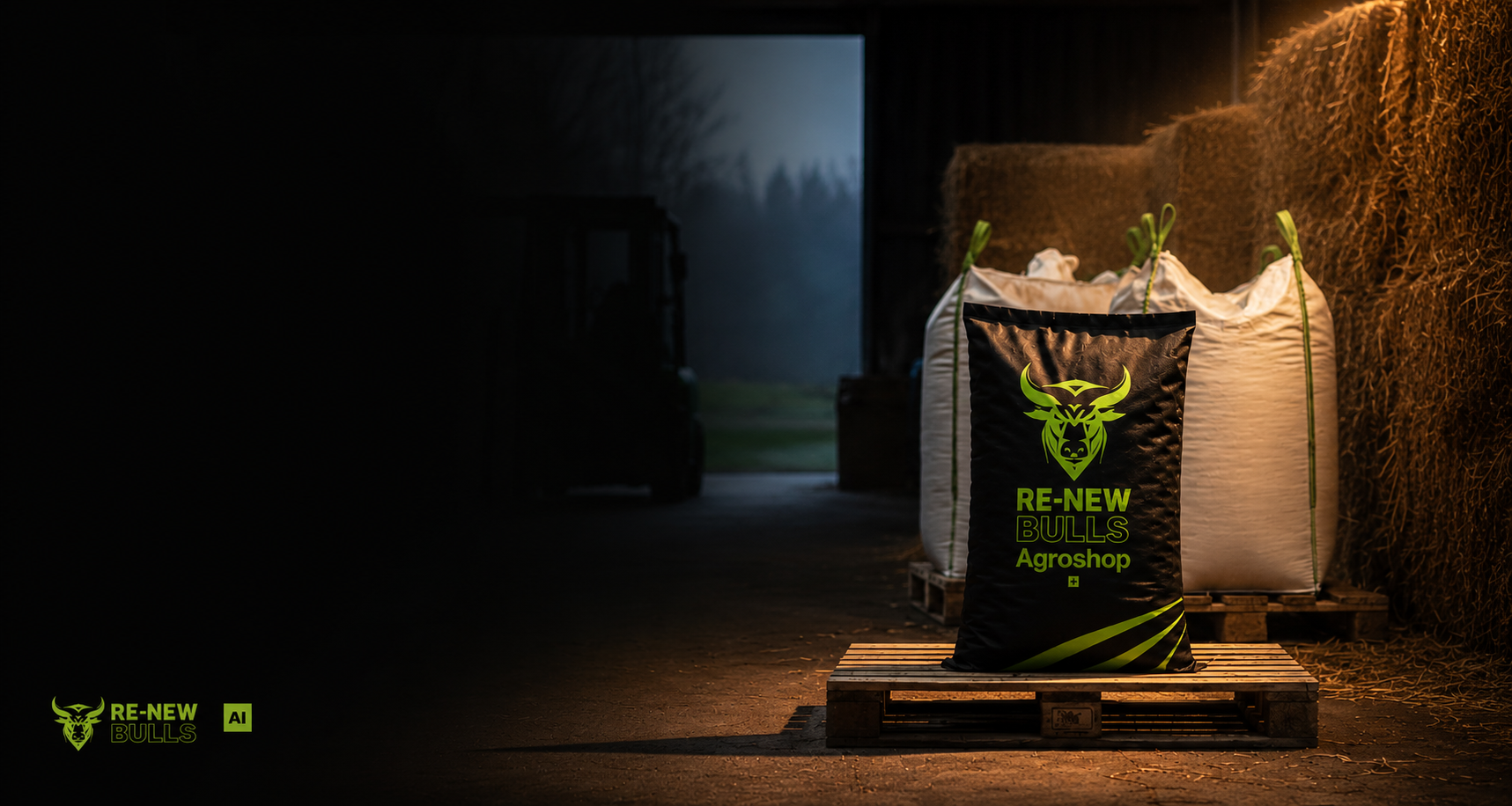 RE-NEW Bulls Lager mit Raufutter-Big-Bags und Heu unter Spotlicht