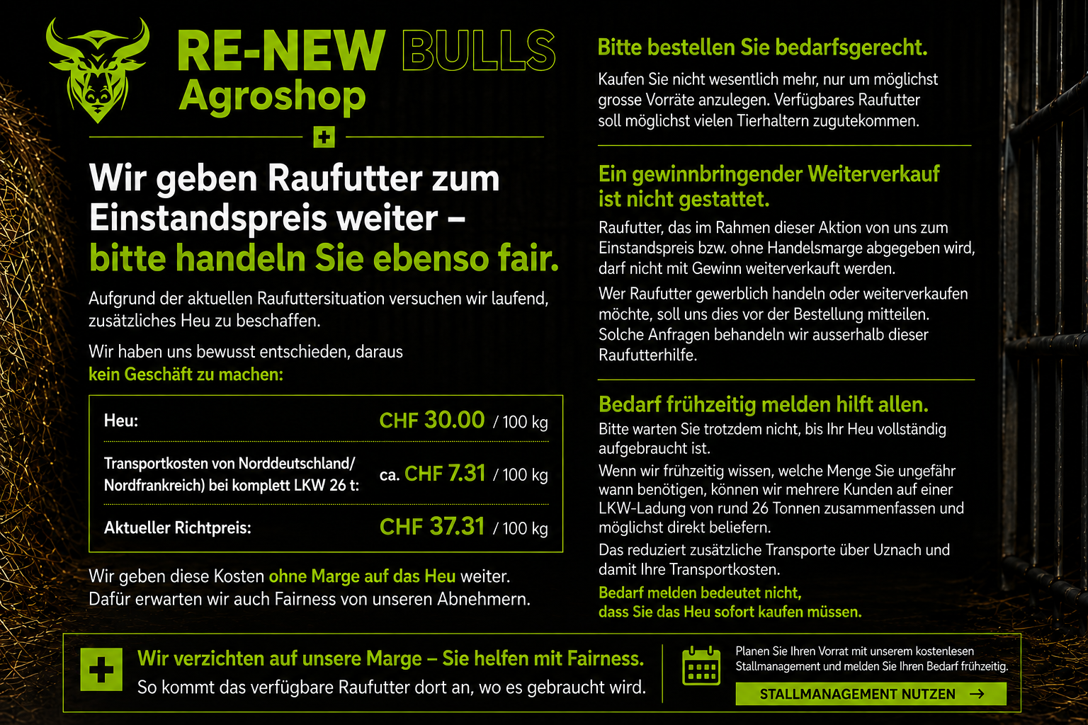 Raufutterhilfe 2026 – Wir geben Raufutter zum Einstandspreis weiter, bitte handeln Sie ebenso fair.