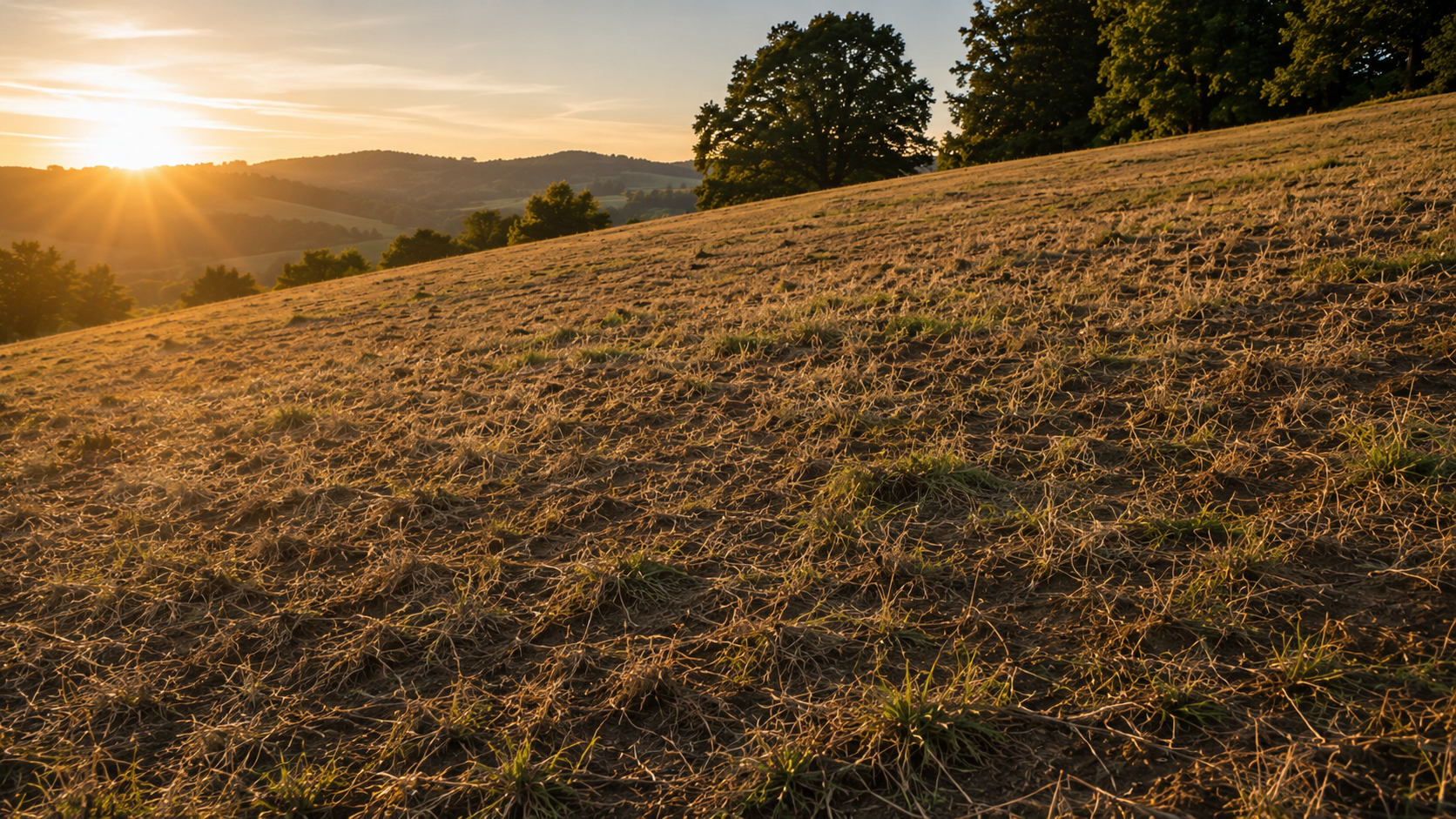 Dürregeschädigte Wiese bei Sonnenuntergang