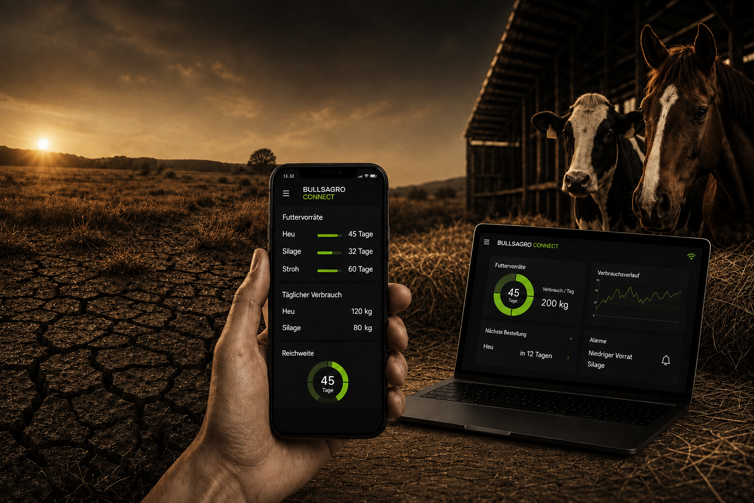 Futtermangel & Dürre 2026 – Futter sichern, Flächen stärken, Vorräte überwachen mit BullsAgro Connect.