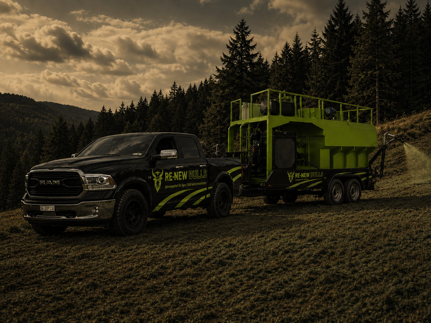 RE-NEW Bulls Hydroseeding-Anhänger auf wiederebitem Grünland
