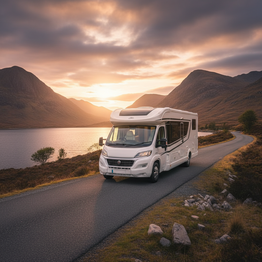 Premium motorhome overlooking a Scottish loch at golden hour