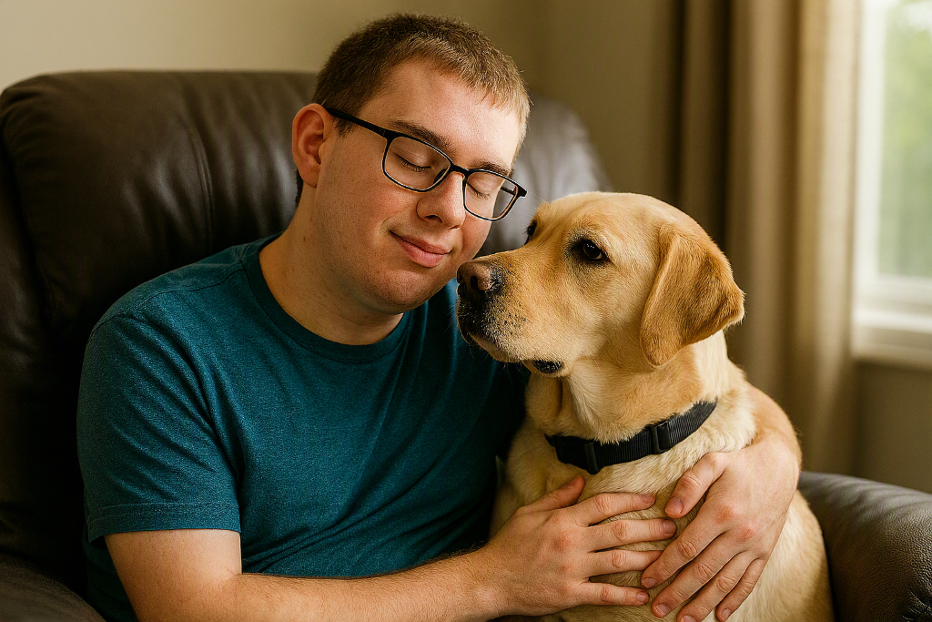 A young man with glasses sits in an armchair smiling peacefully as a yellow Labrador nuzzles close to his face, sharing a tender moment of companionship