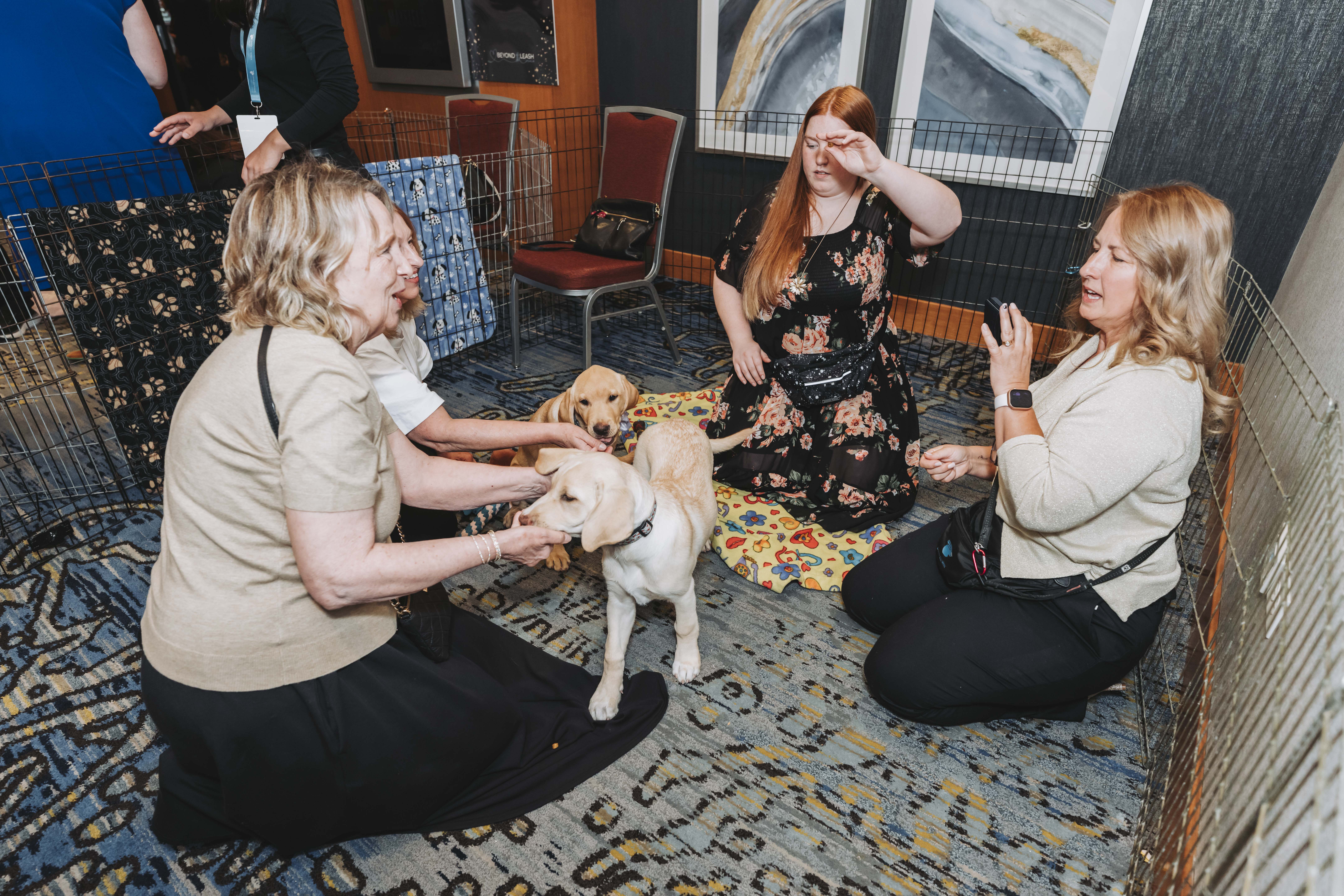 Guests gathering around the puppies in the playpen