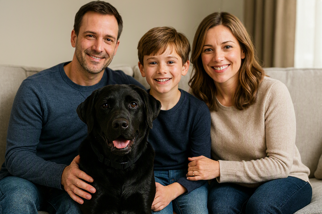 A happy family — two parents and a child — smiling on a sofa with their adopted black Labrador, representing a loving forever home