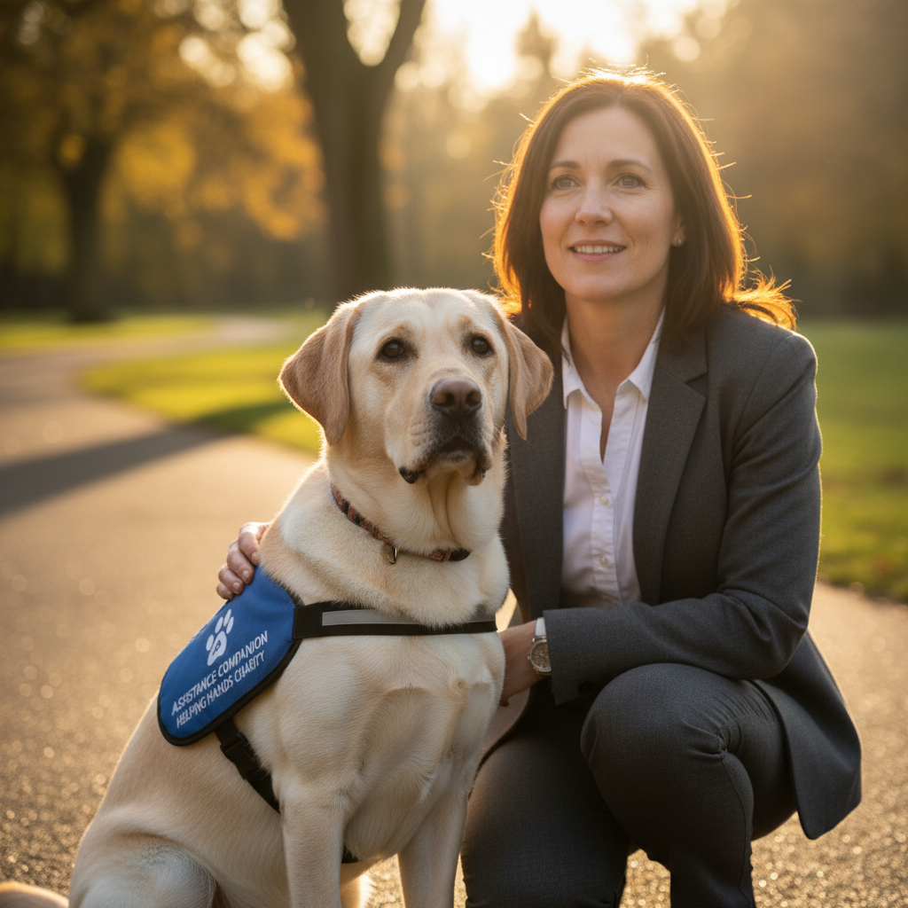 A yellow Labrador Retriever assistance dog sits calmly beside its handler at golden hour