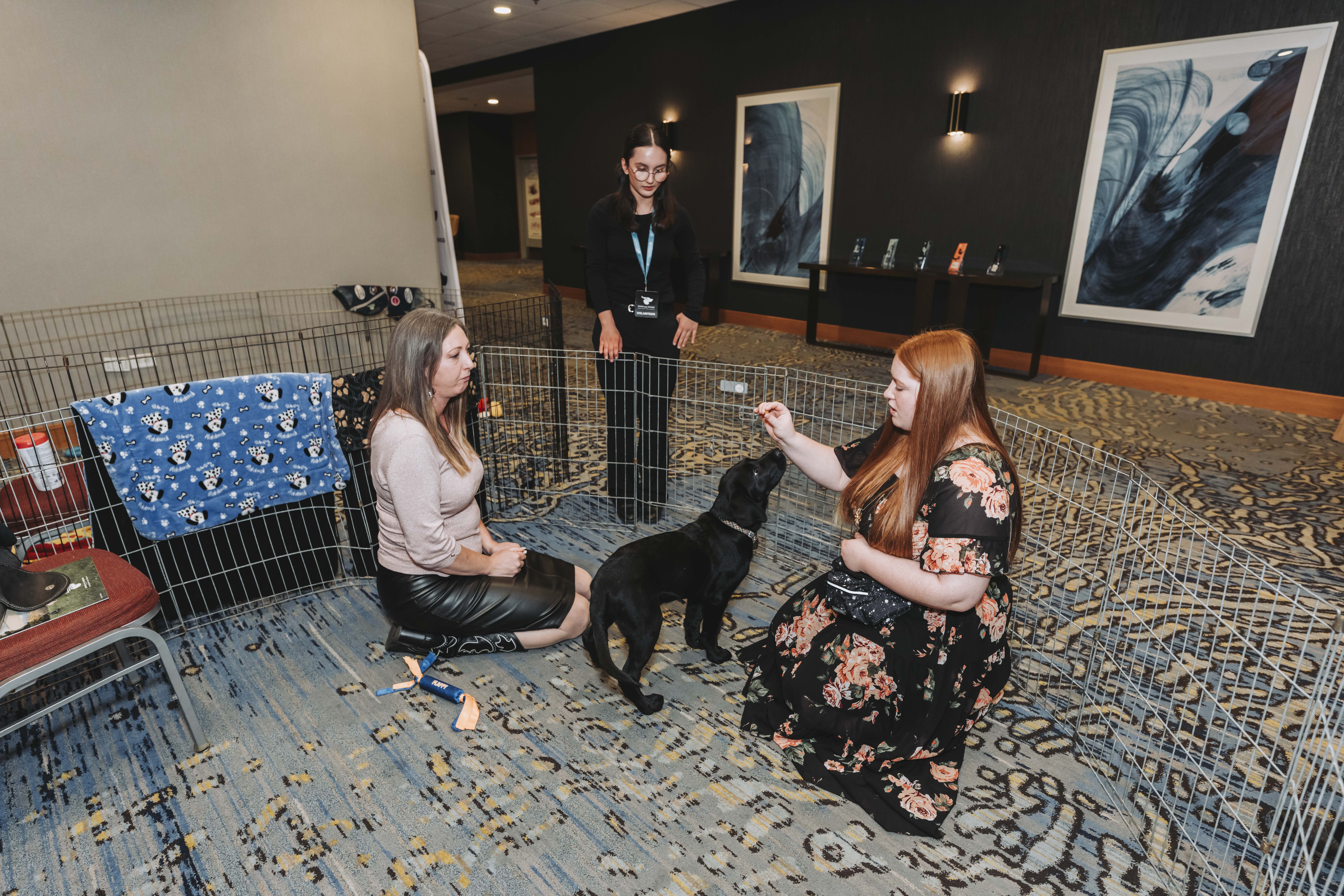 A guest offering a treat to a puppy in the playpen