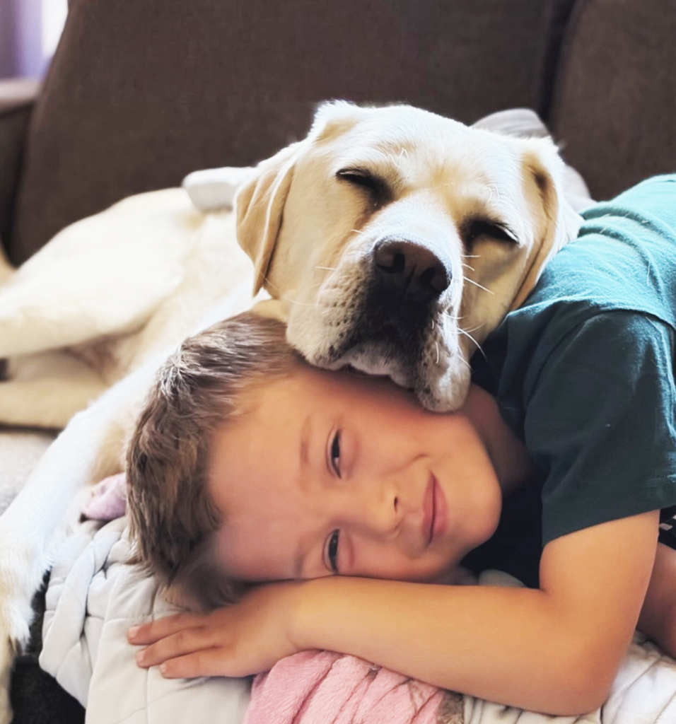 A yellow Labrador companion dog rests its head on a young boy's head as they lie together on a sofa, sharing a calm, comforting moment