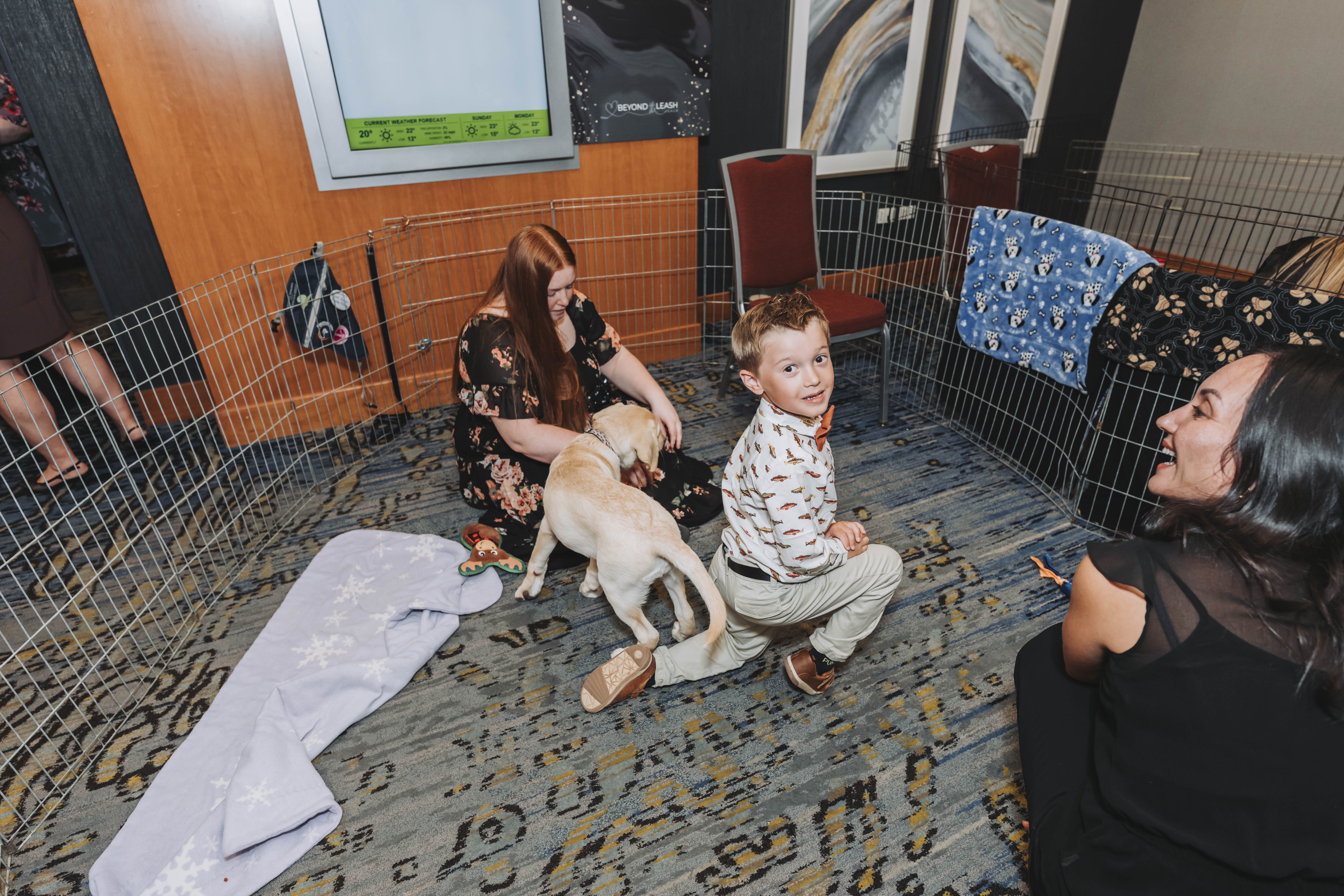 A young guest kneeling with a puppy in the playground