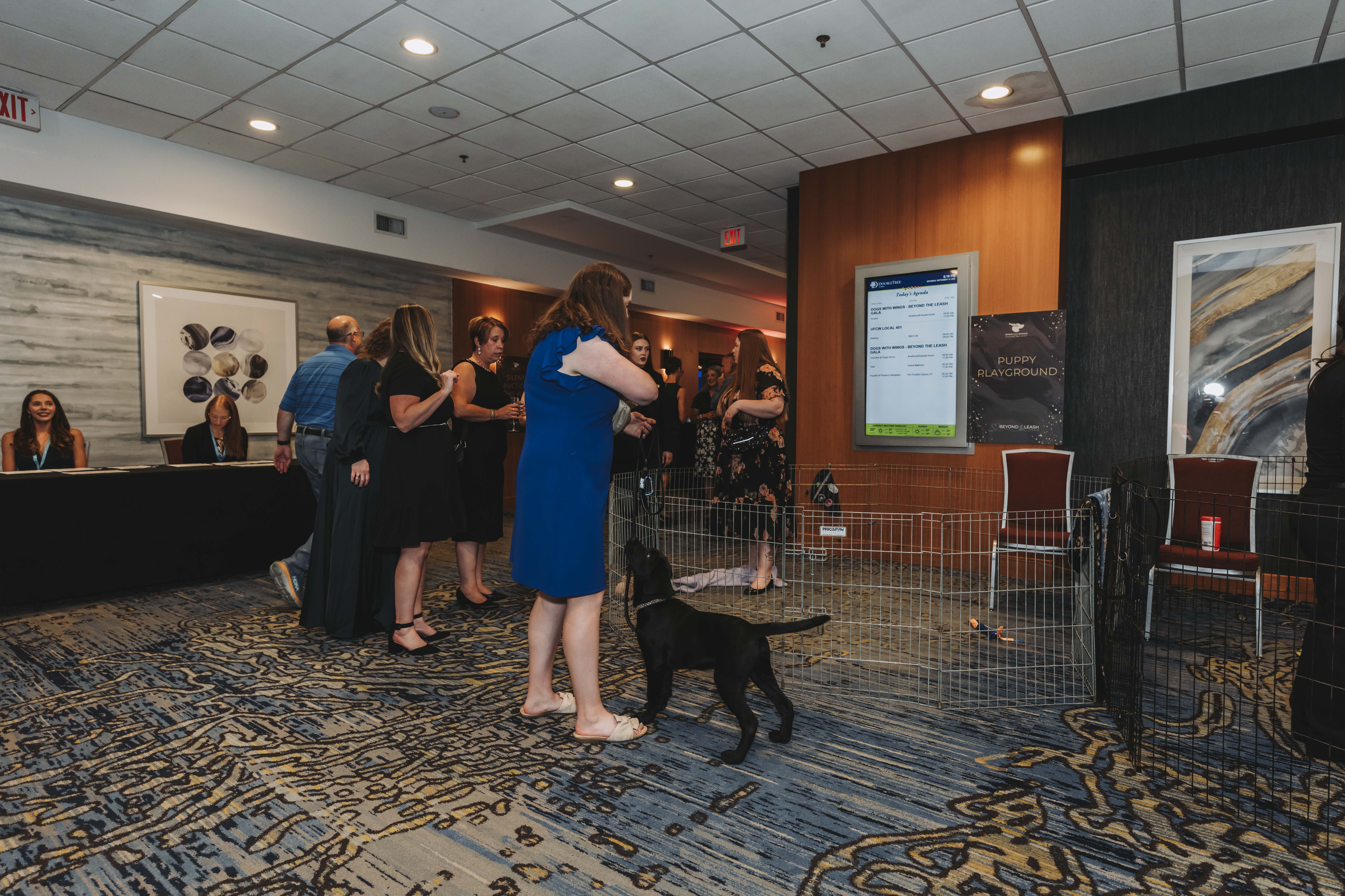 Guests socializing by the puppy playground and registration desk