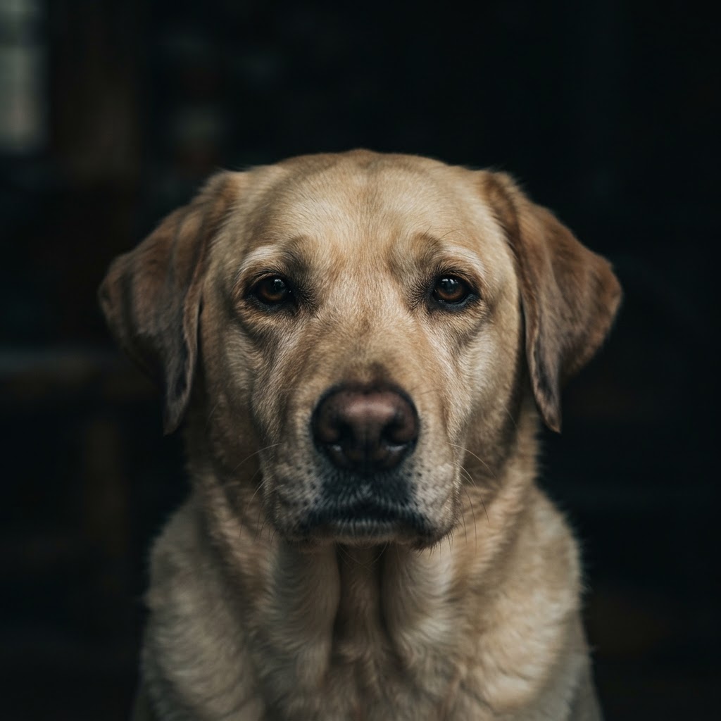 A calm yellow Labrador Retriever looking directly at the camera