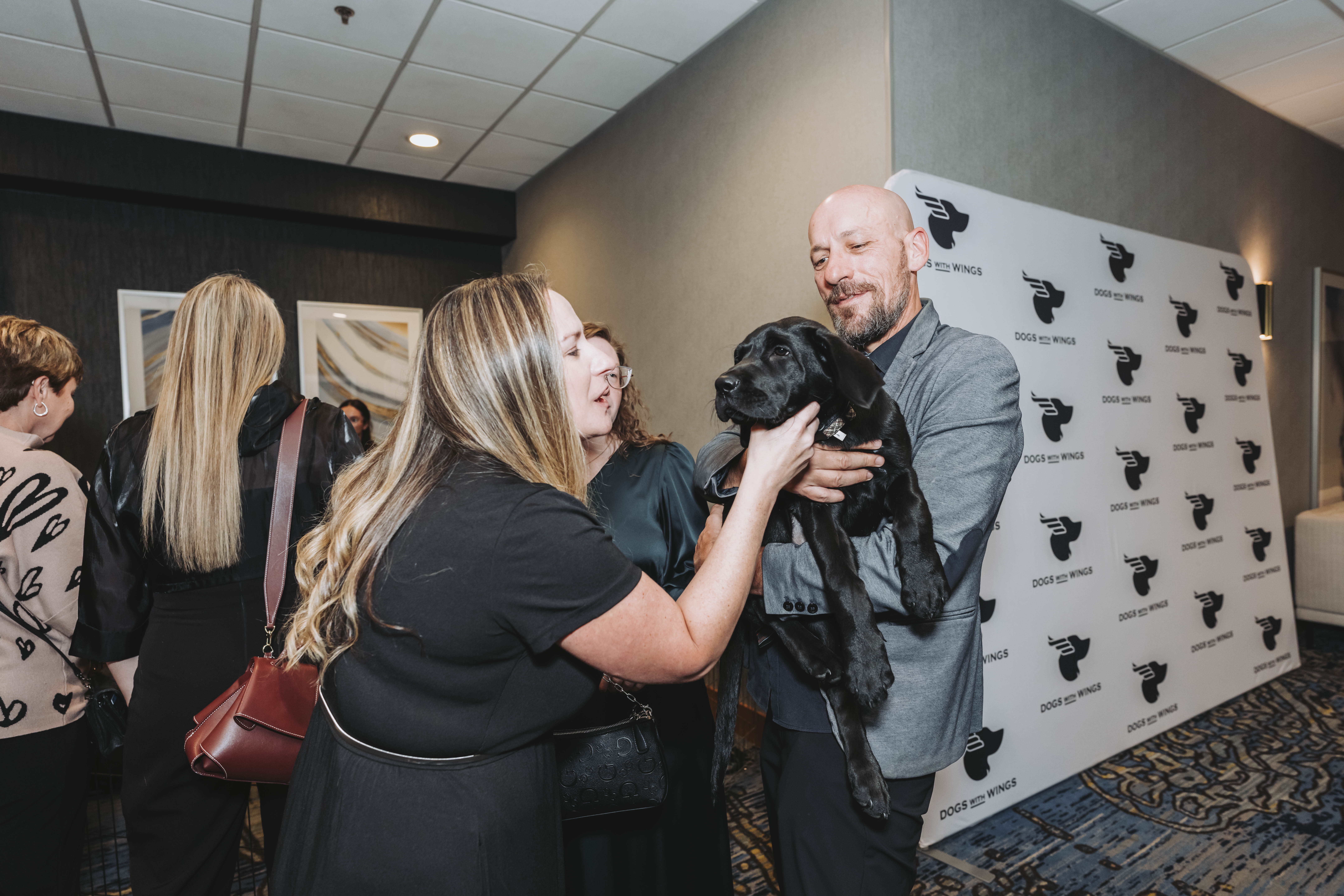 A guest meeting a black puppy at the backdrop