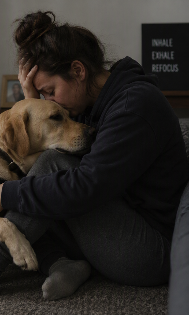 A person in distress hugging a yellow Labrador PTSD service dog, finding comfort and support