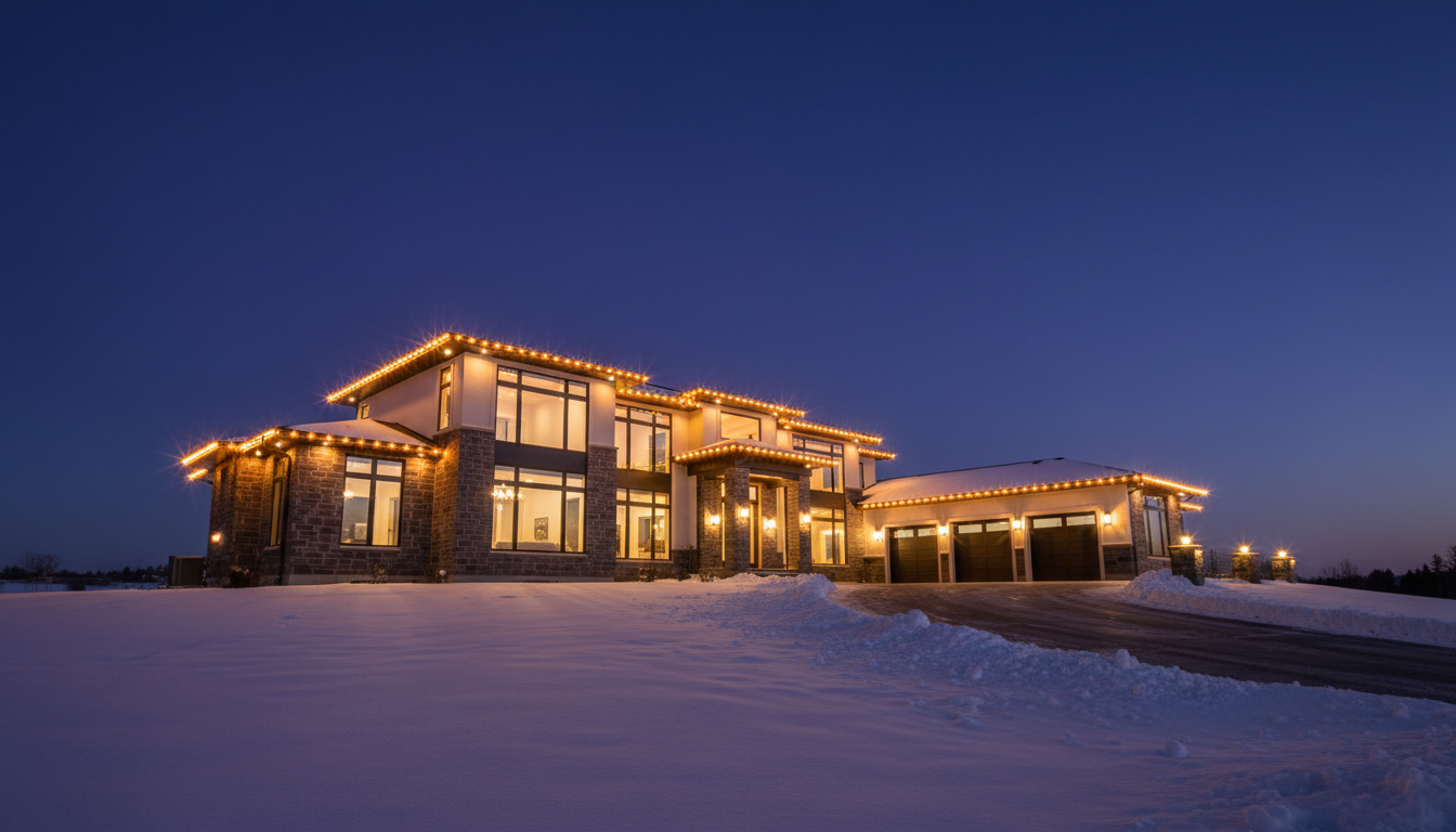 Luxury estate illuminated with warm amber holiday lights at twilight