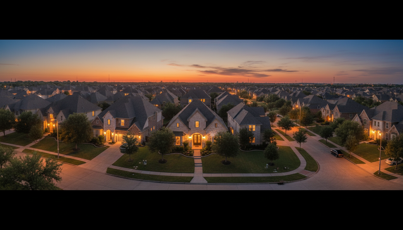 Aerial twilight view of a beautiful suburban neighborhood in Katy, Texas with warm glowing homes