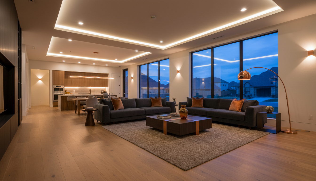 A bright, welcoming Katy, Texas living room with beautifully layered architectural lighting