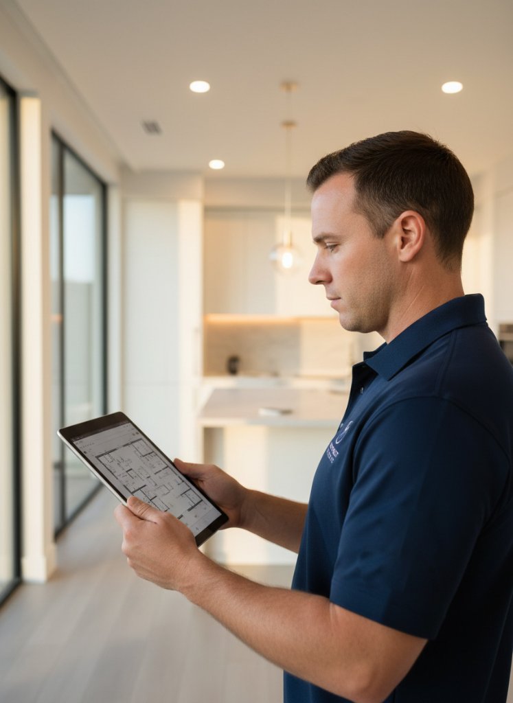 Master electrician reviewing digital blueprints on a tablet inside a modern home