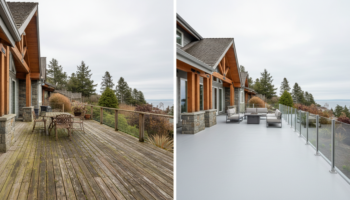Before and after vinyl deck renovation