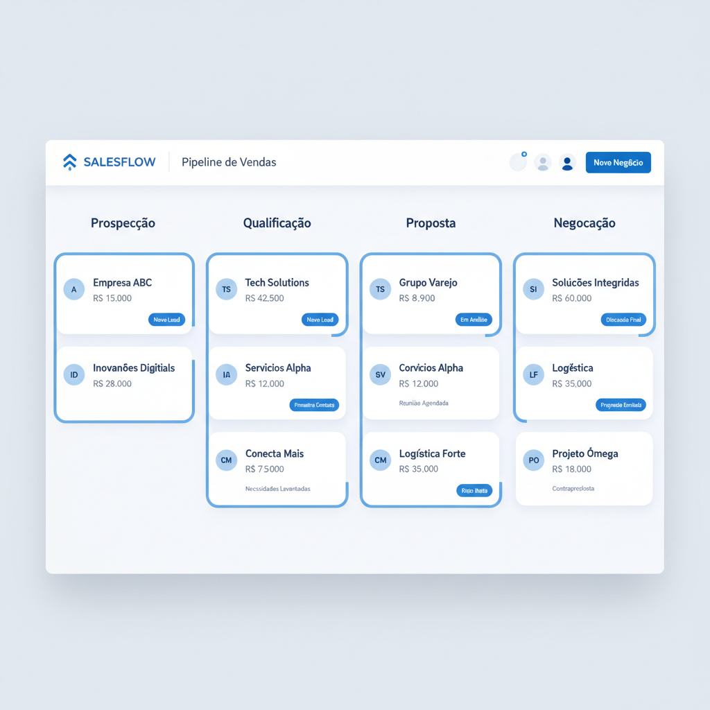 Pipeline do CRM AKI Mais com negócios simulados