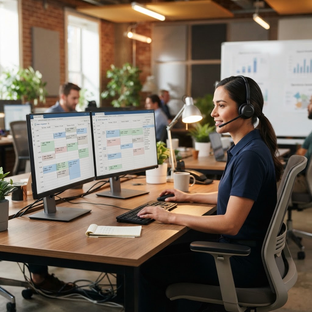 Home service office dispatcher wearing a headset while managing incoming calls and appointments