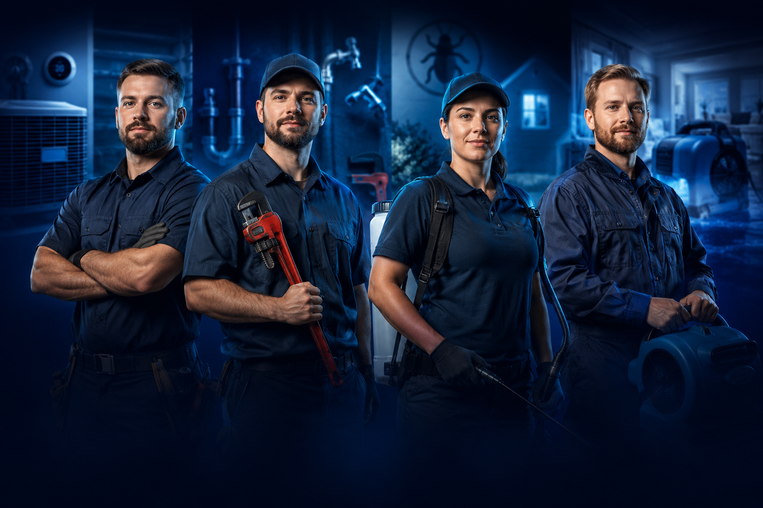 HVAC, plumbing, pest control, and restoration technicians standing together