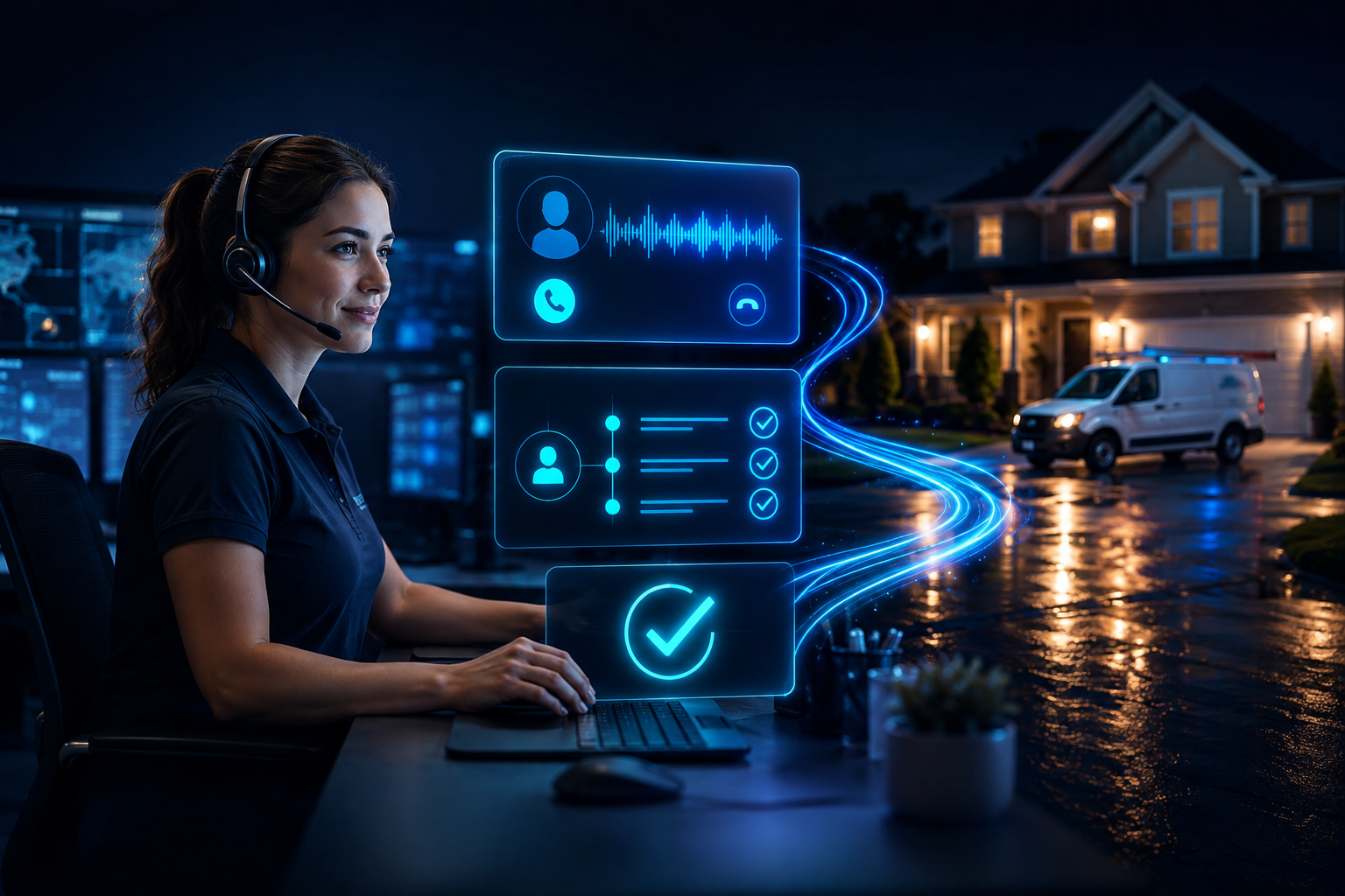 Dispatcher with headset while an AI voice assistant qualifies and books incoming calls