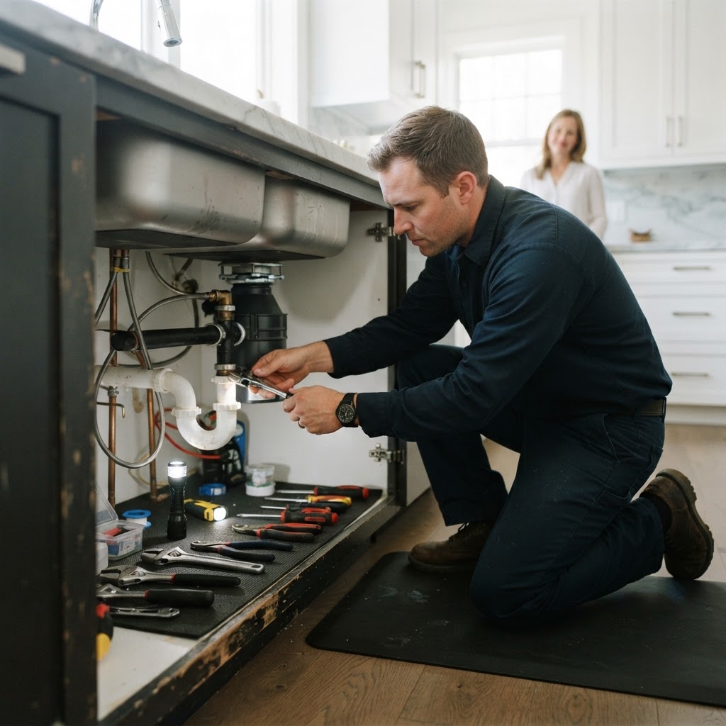Home service technician servicing HVAC equipment at a customer's property