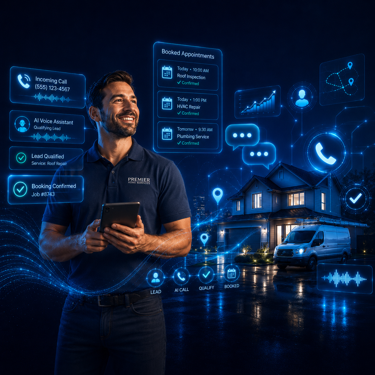 AI voice assistant qualifying a home service lead and booking confirmed appointments