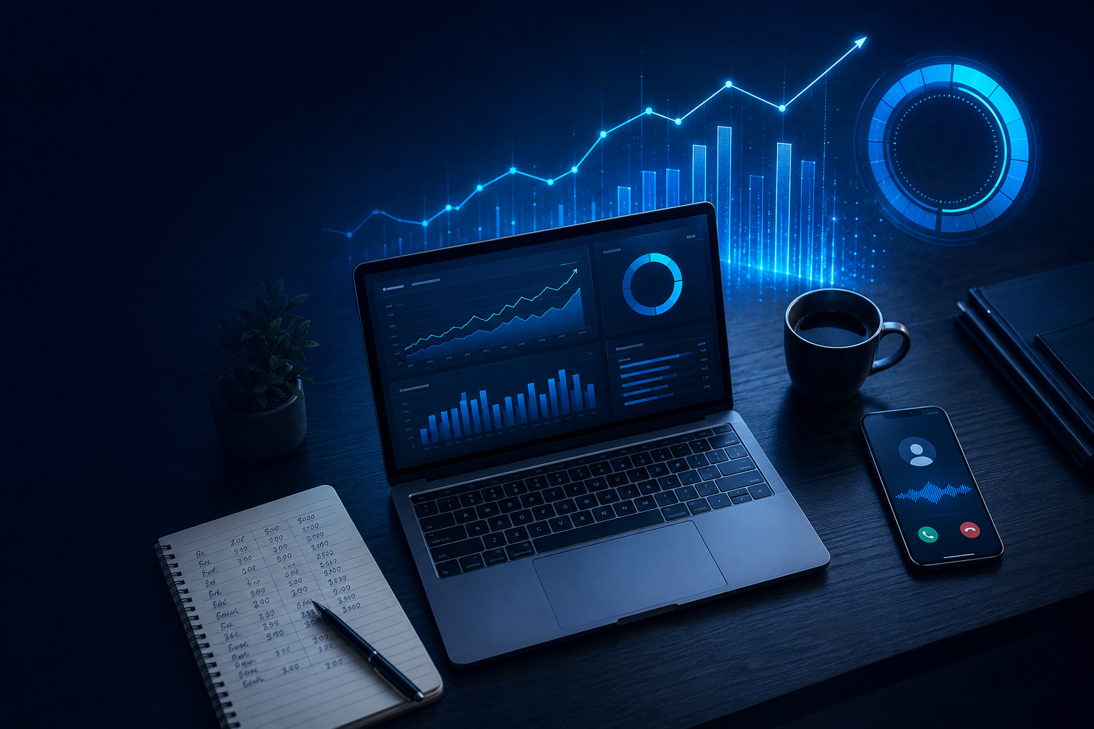 Laptop dashboard with revenue charts and an incoming call on a smartphone