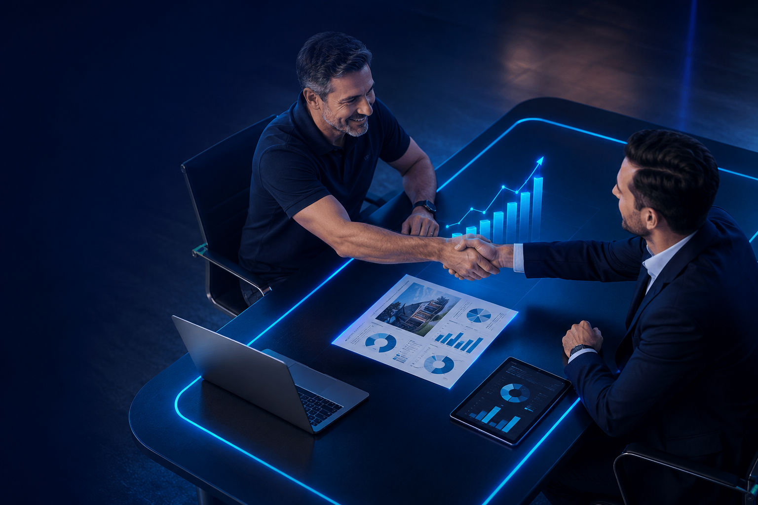 Business owner shaking hands with a growth consultant over performance charts