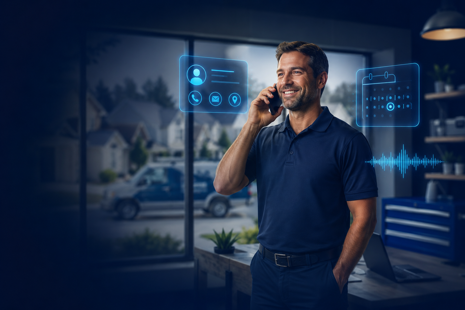 Home service business owner talking with a customer on the phone