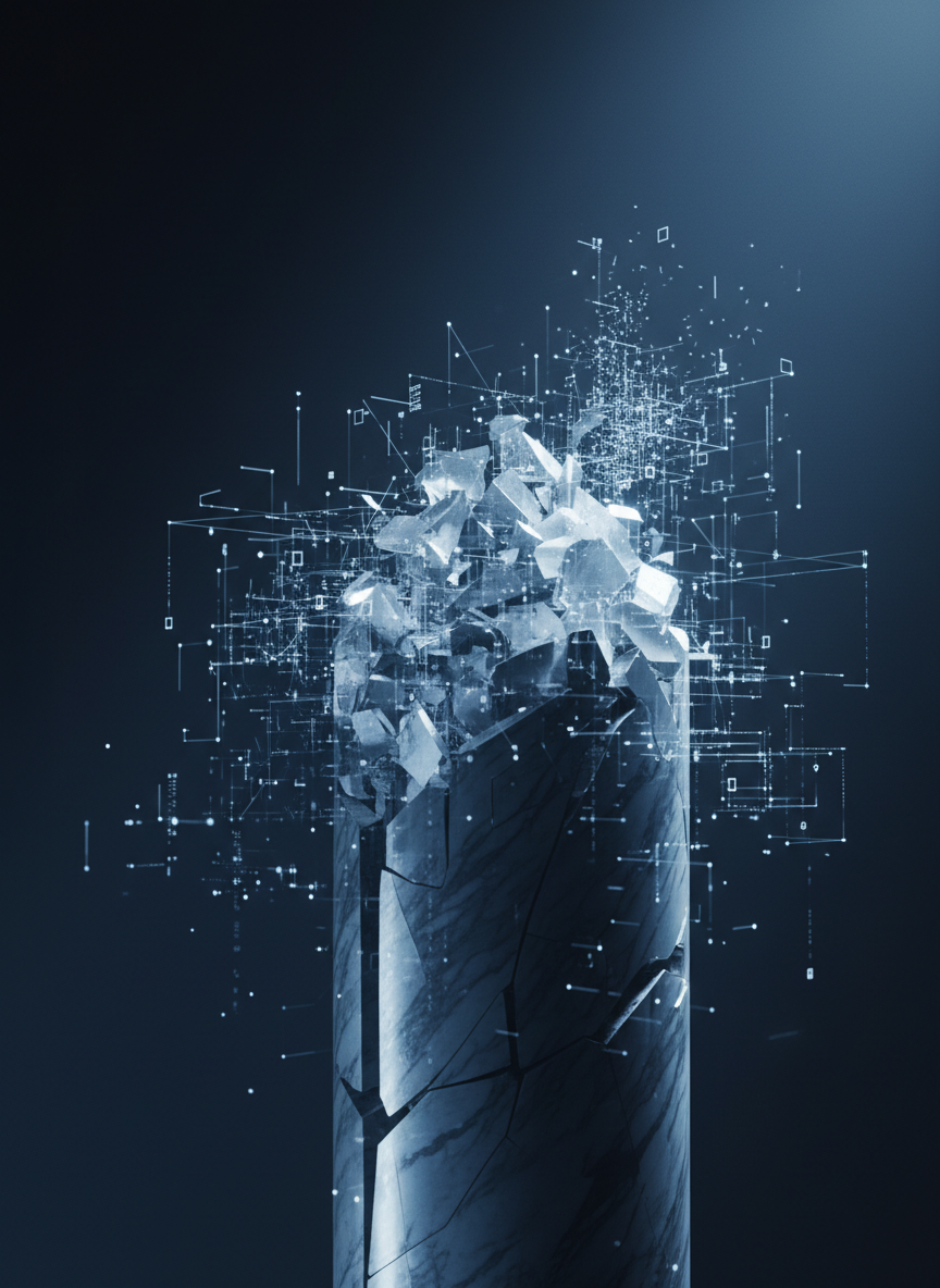 Abstract marble pillar fragmenting into digital particles