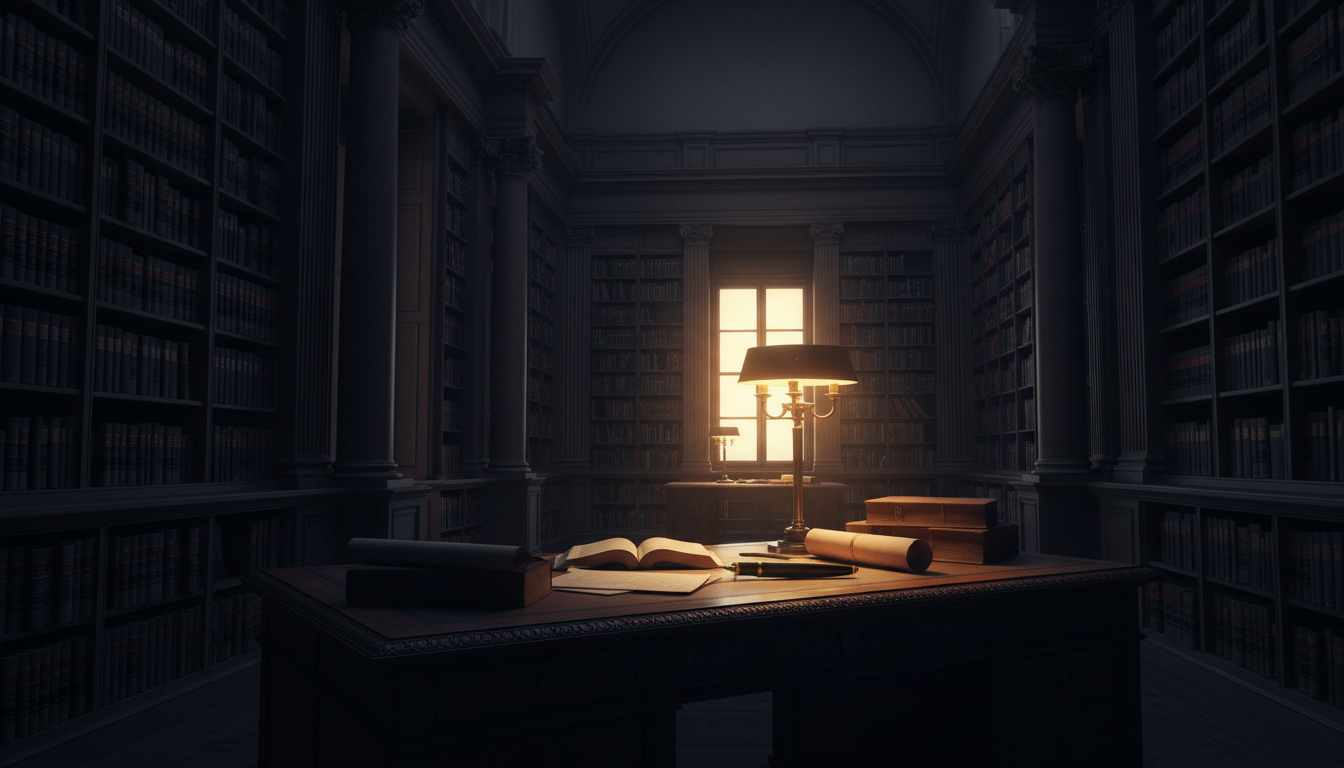 Classical law library with warm golden light