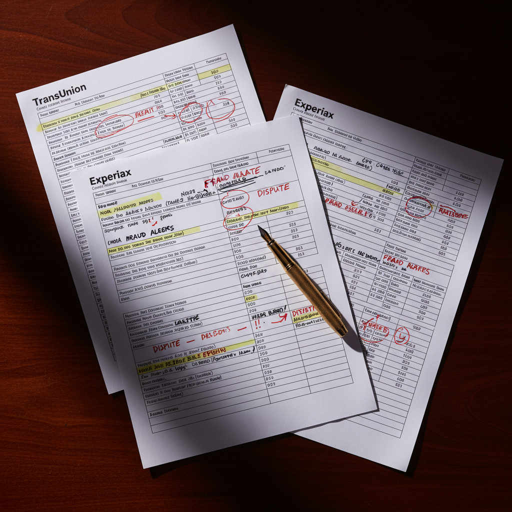 Three-bureau credit reports with highlighted errors and red-flagged inaccurate items