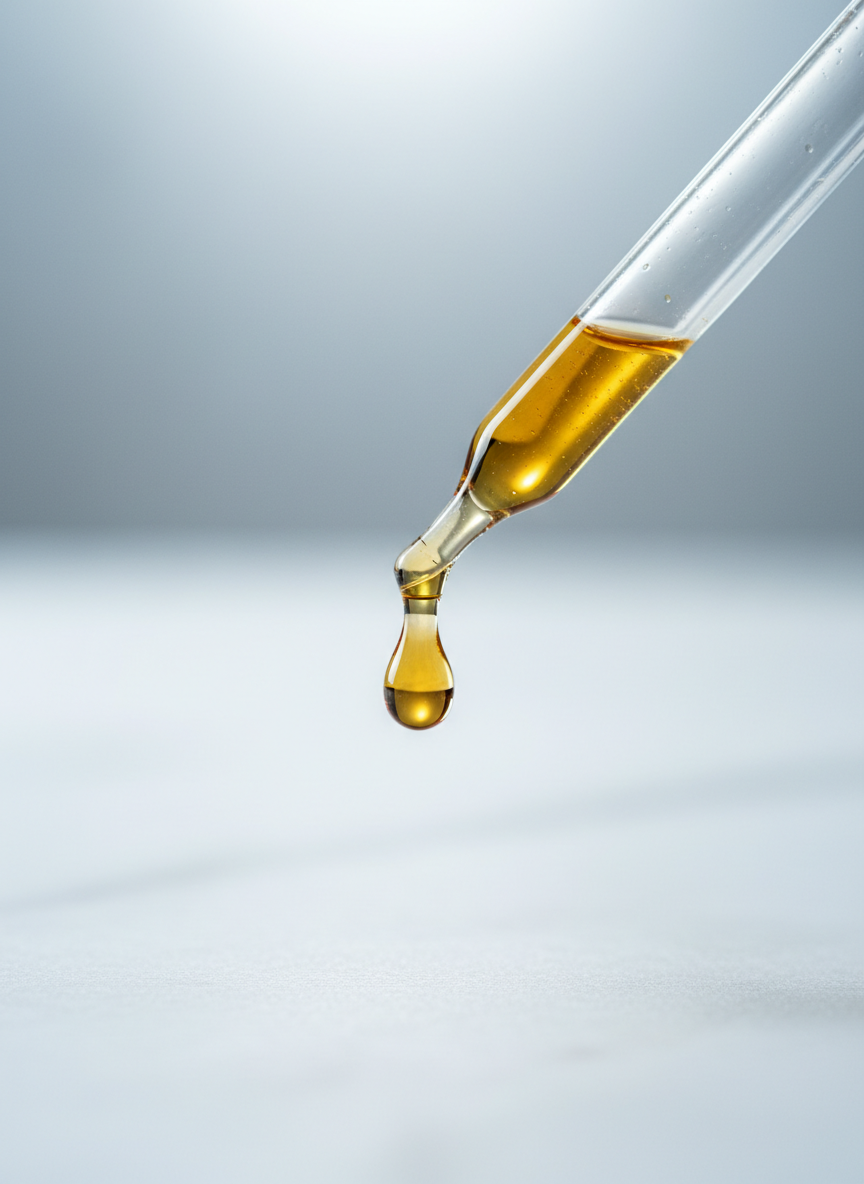 Glass pipette dispensing premium serum oil — precision formulation
