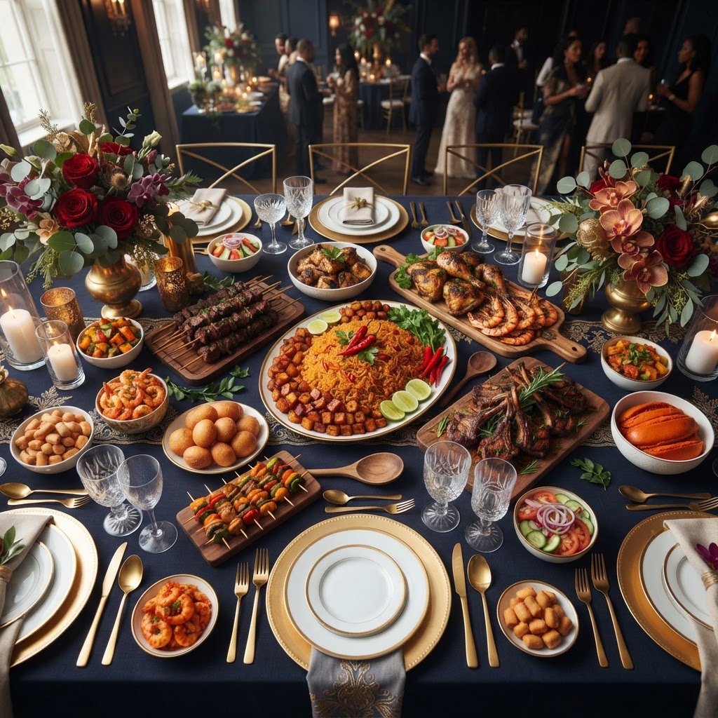 Esther's catering spread featuring jollof rice, fried rice, peppered fish, and traditional Nigerian dishes