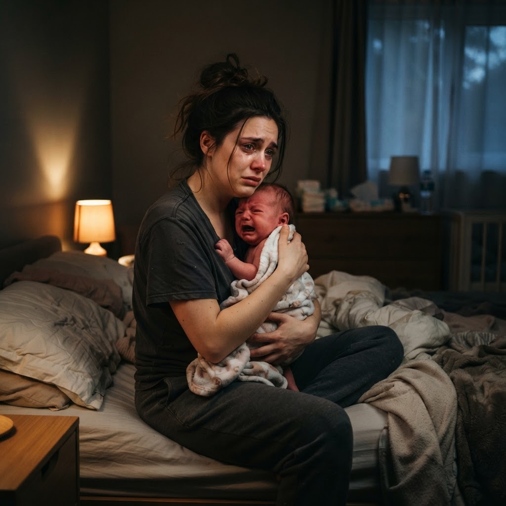 Mãe exausta segurando bebê que chora no colo