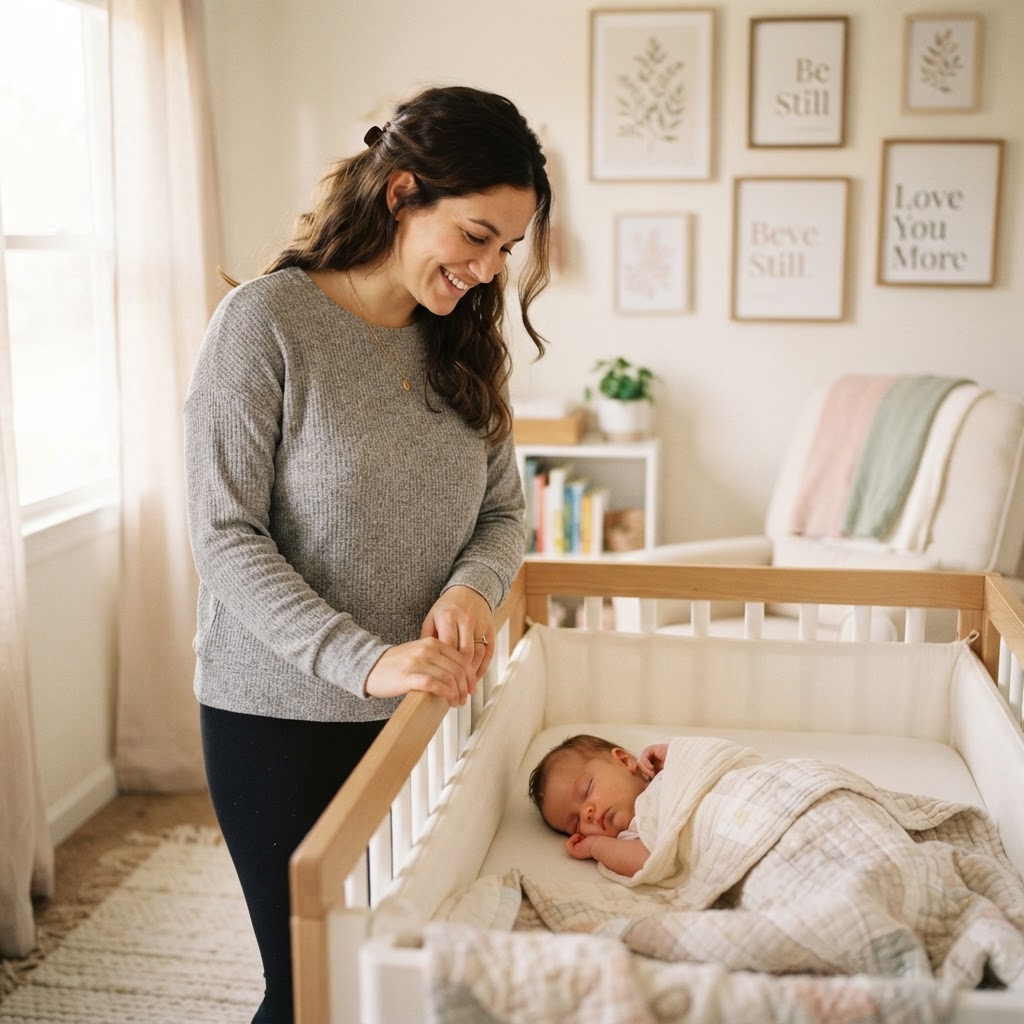Mãe feliz com bebê dormindo tranquilamente no berço