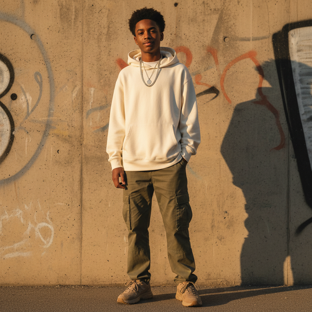 Streetwear style — young Black teen in oversized urban fitted clothing